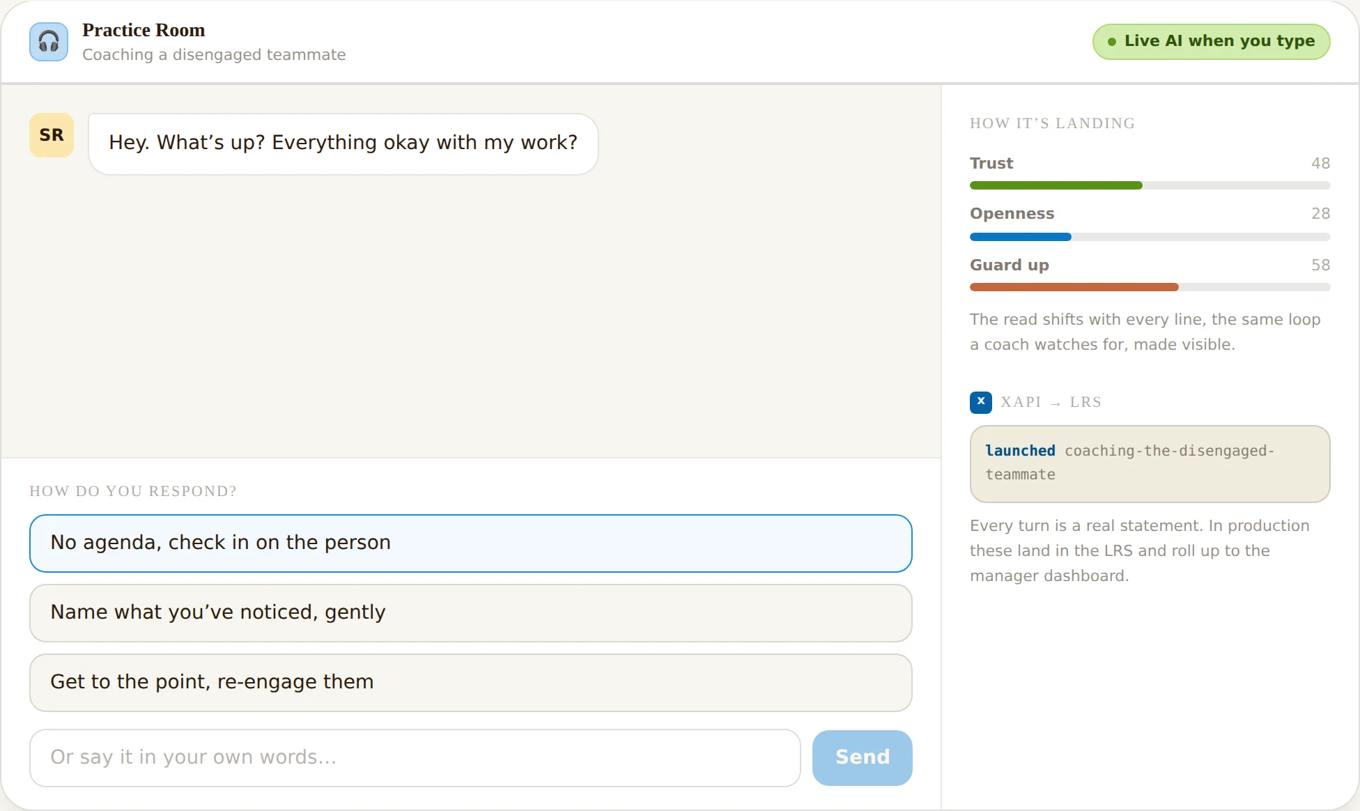 The Practice Room demo: a coaching conversation with Sam, a live read on trust and openness, and xAPI statements streaming to an LRS