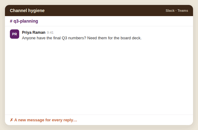 Animated reminder: a question gets buried under new messages, versus a tidy threaded reply that keeps the channel clean.