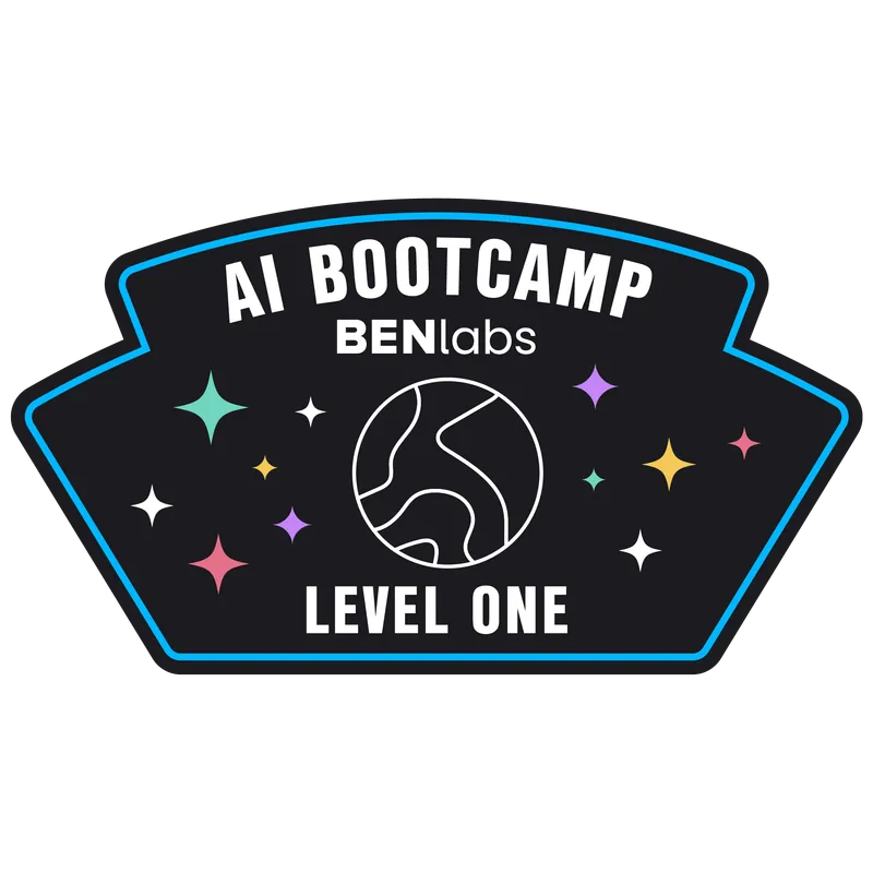 Illustrated achievement patches designed for an internal AI bootcamp